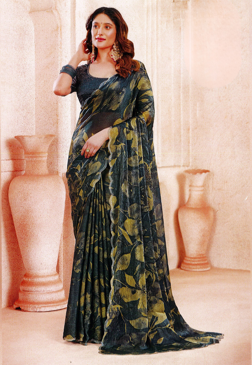 Dark muted olive green and khaki saree with stonework