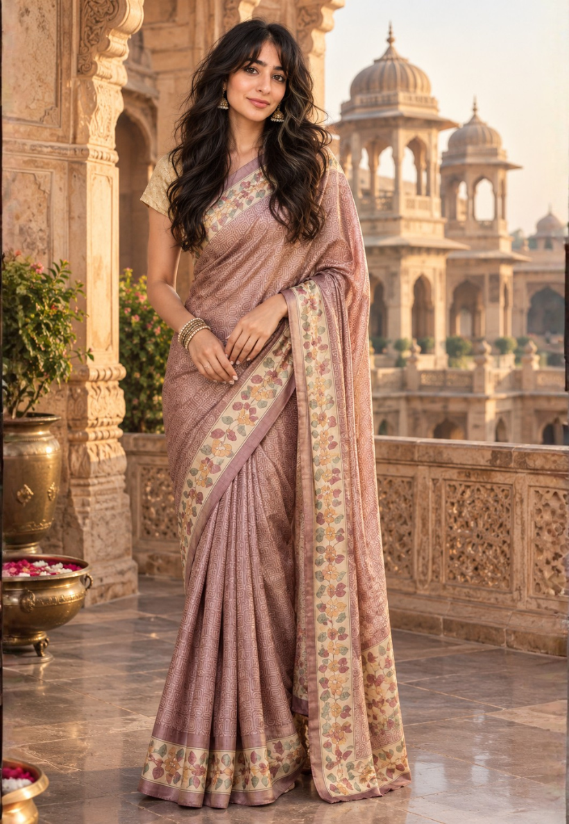 Mink art silk saree with floral border