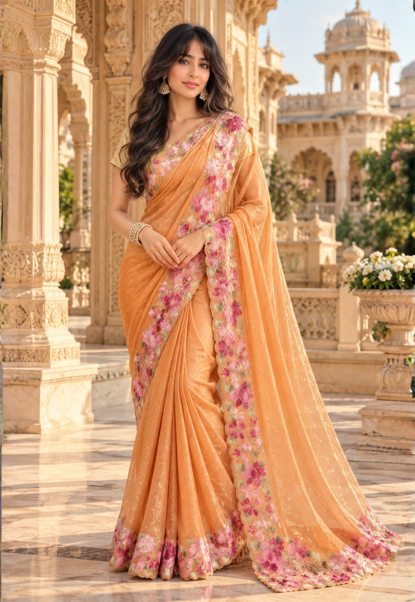Apricot saree with embroidery and stonework