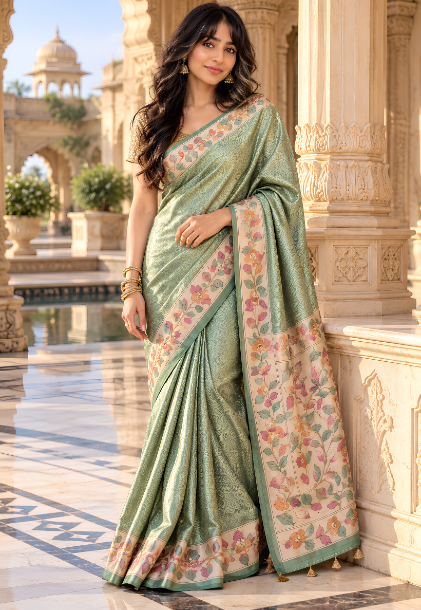 Apple green art silk saree with floral border