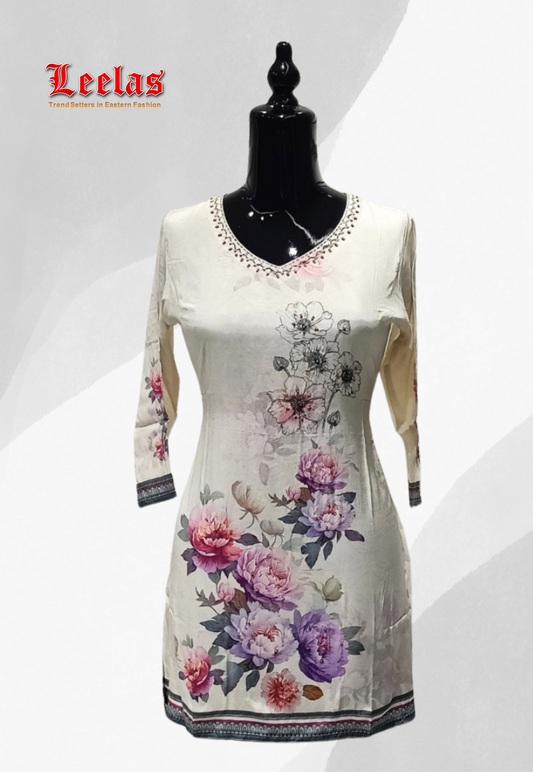 Cream and multi-colour floral silk kurti top