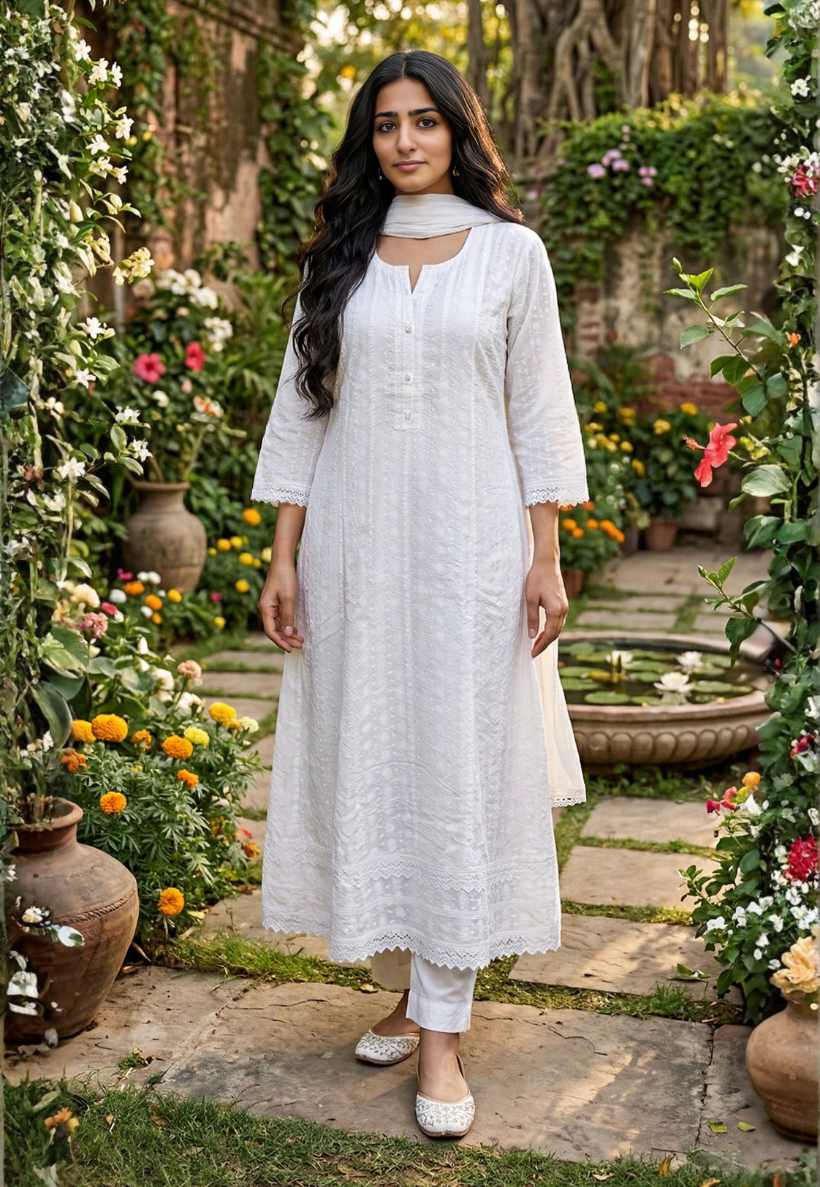 White cotton embroidered chikankari anarkali salwar kameez