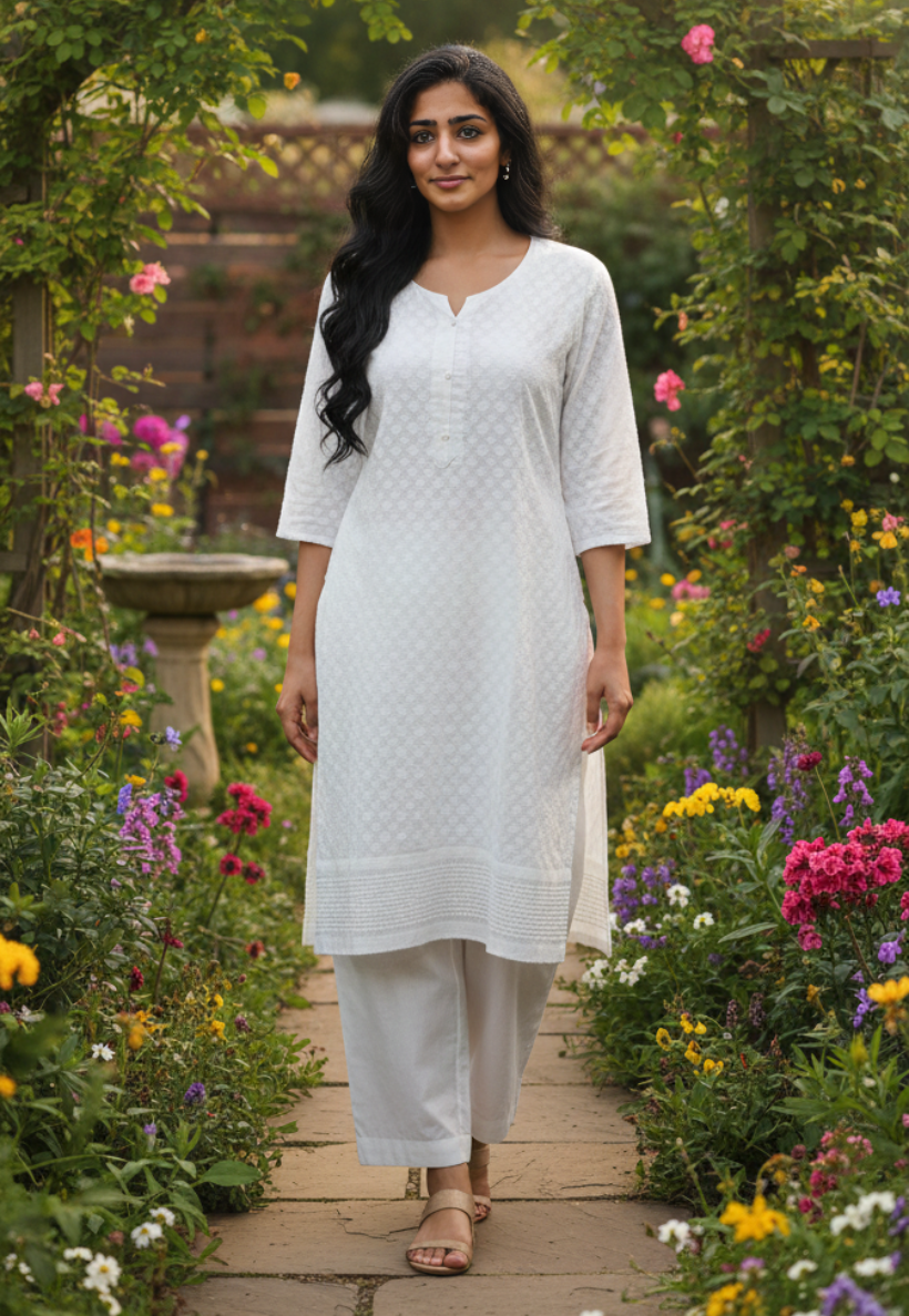 White cotton embroidered round neck chikankari salwar kameez with matching dupatta