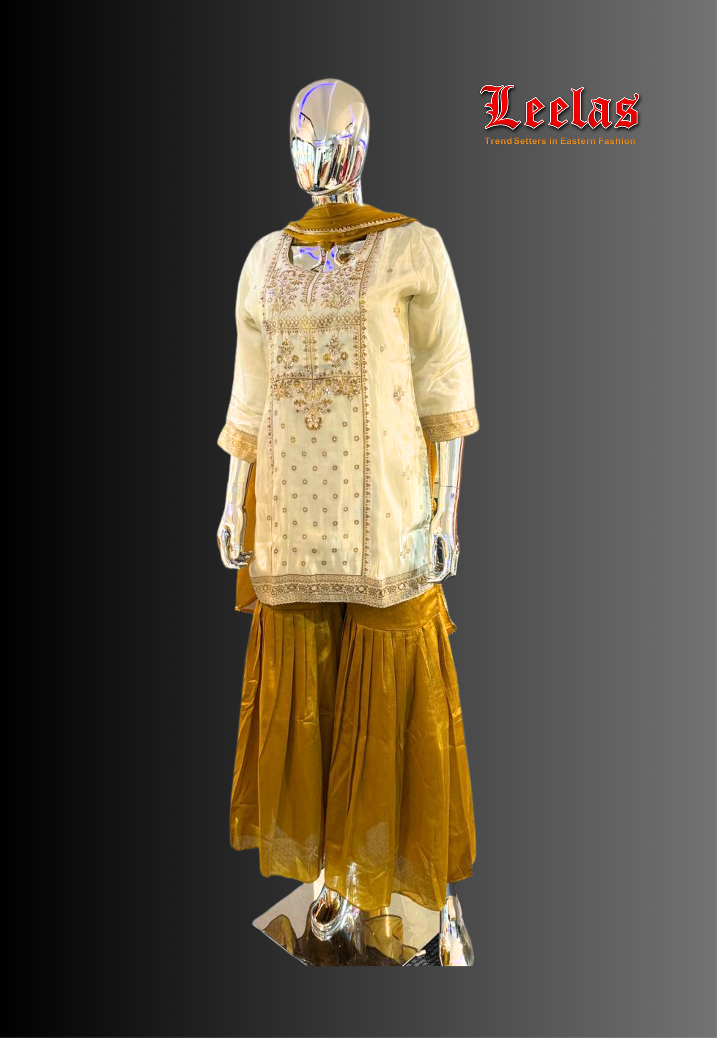 Cream and mustard silk sharara with embroidery and sequin work on the jacket