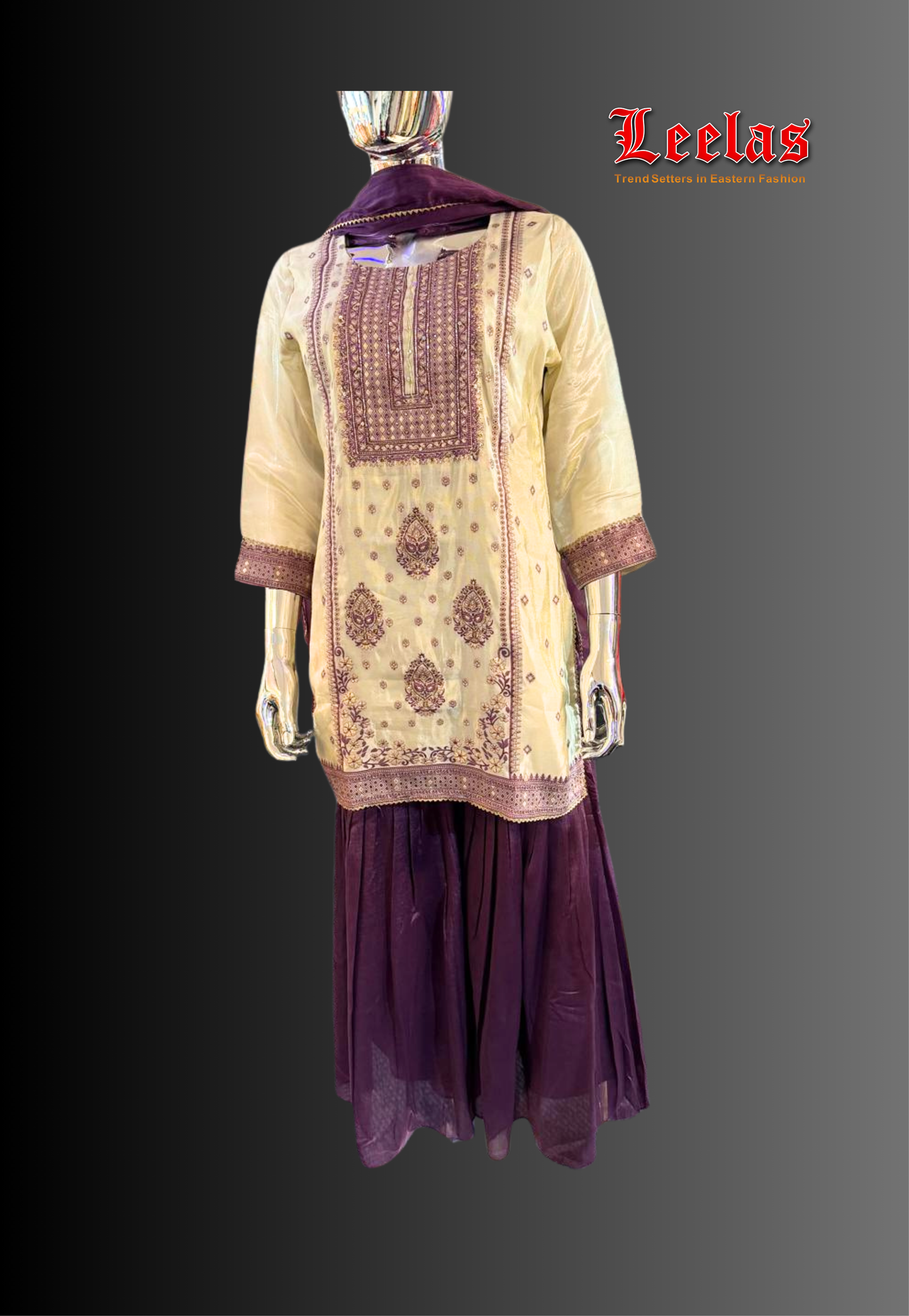 Cream and aubergine silk sharara with embroidery and sequin work on the jacket