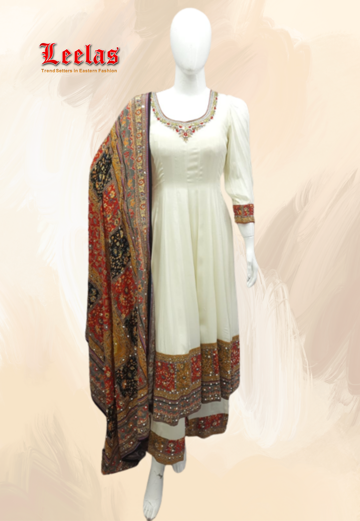 Cream silk Anarkali with printed border on pants and top