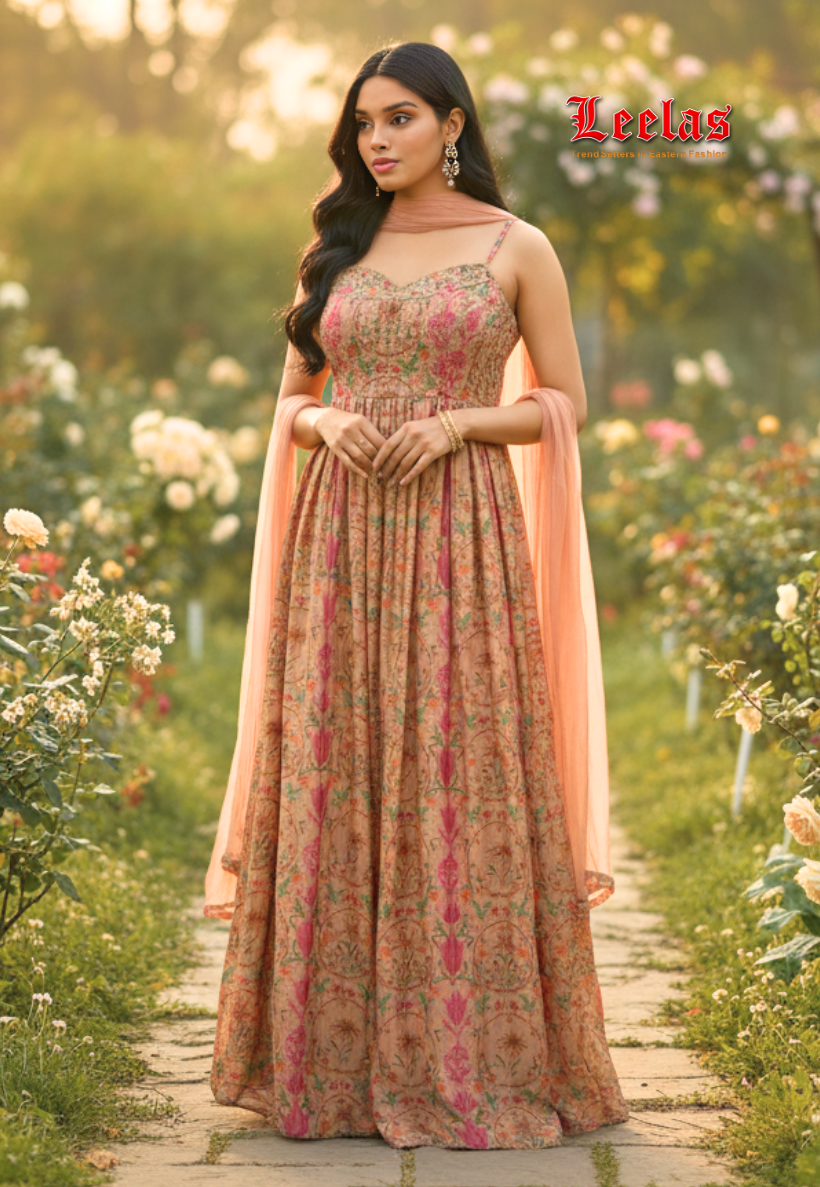 Soft peach floral printed long dress