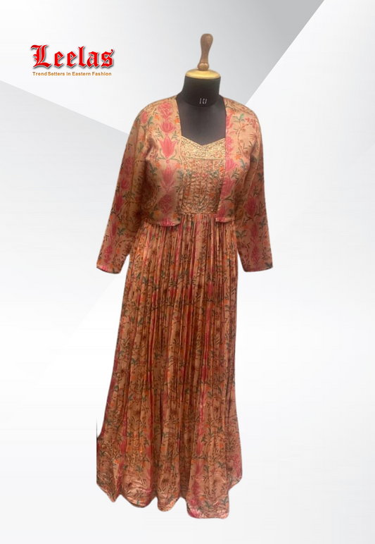 Coral floral silk dress with gold sequin work