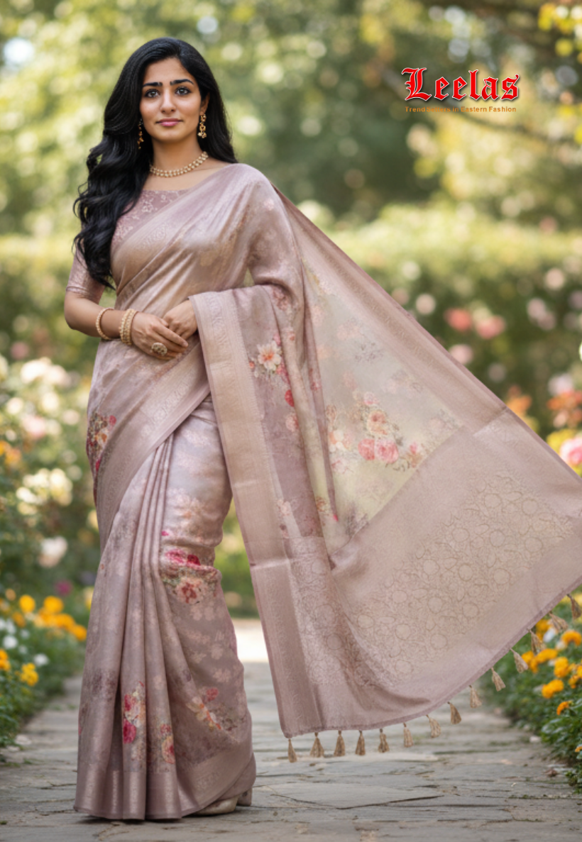 Beige brown art silk floral saree with bronze zari work