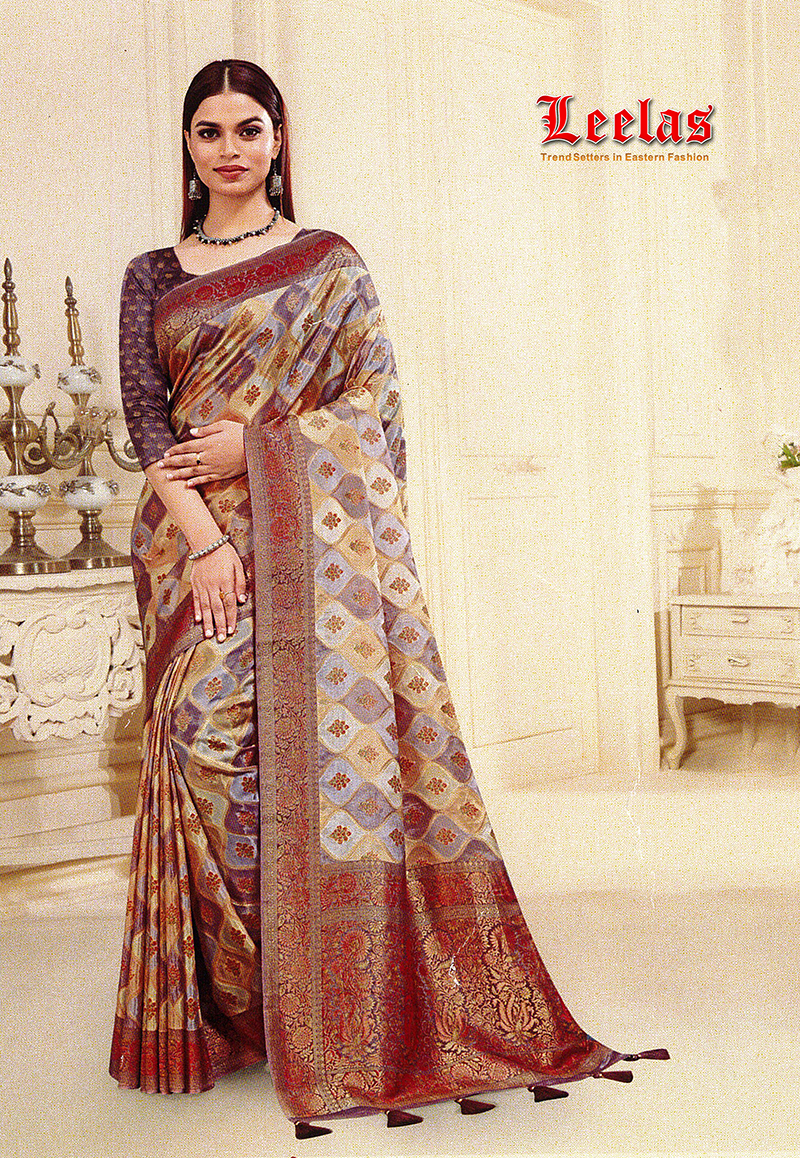 Beige and brown Nova silk saree with gold border