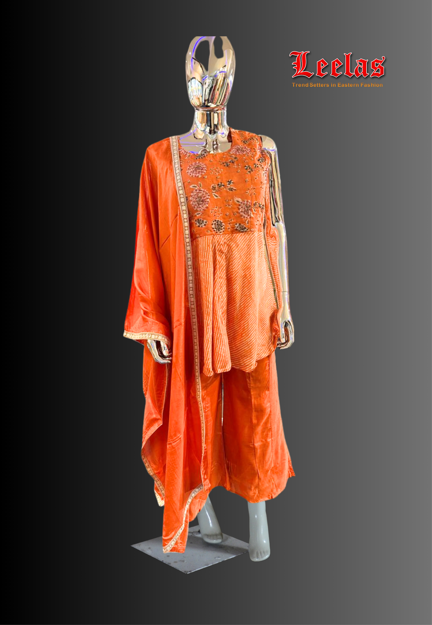 Orange and peach cotton silk, baby doll style salwar kameez with orange pants