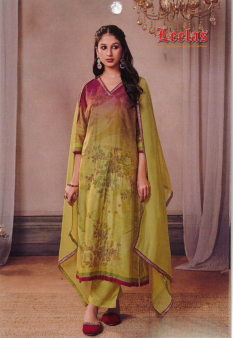 Cerise pink and apple green floral silk salwar kameez