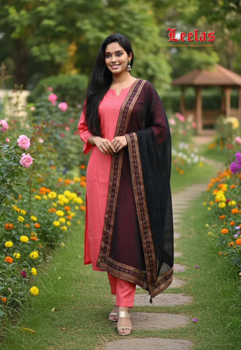 Salmon silk salwar kameez with gold detail on top and matching pants