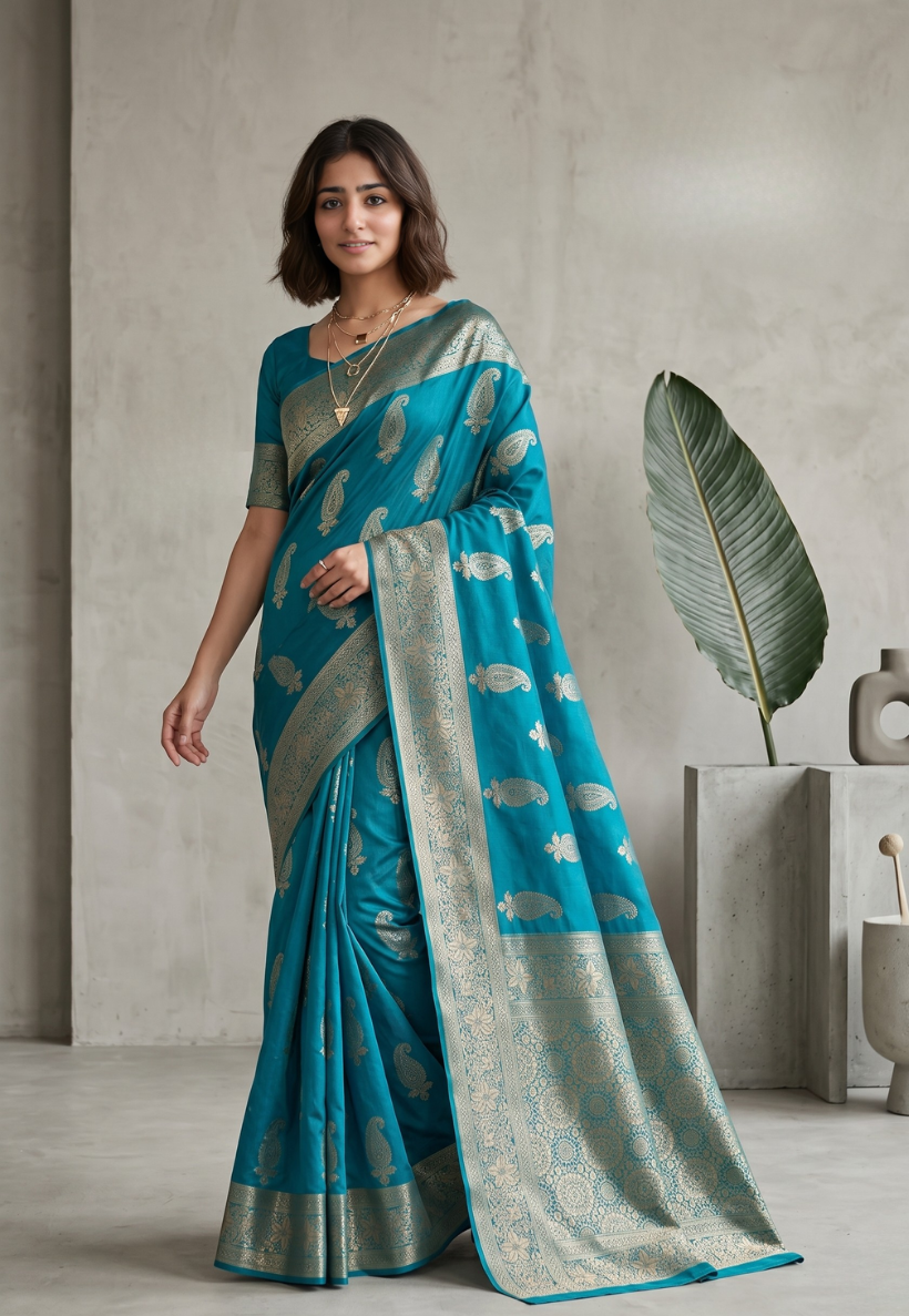Turquoise banarasi style cotton silk saree with gold paisley zari motifs and elaborate floral border