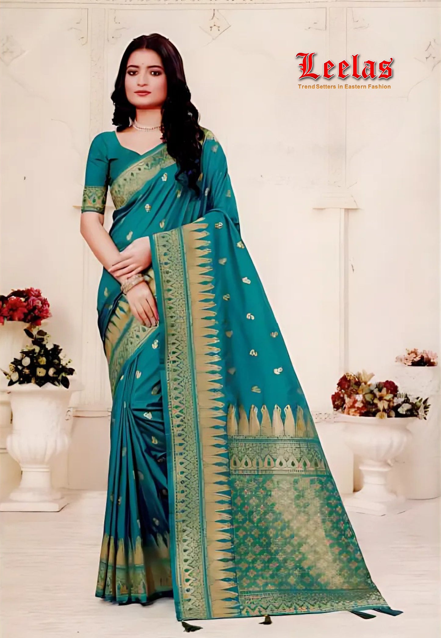 Turquiose and gold embossed silk saree, Indian Wear Houghton South Africa