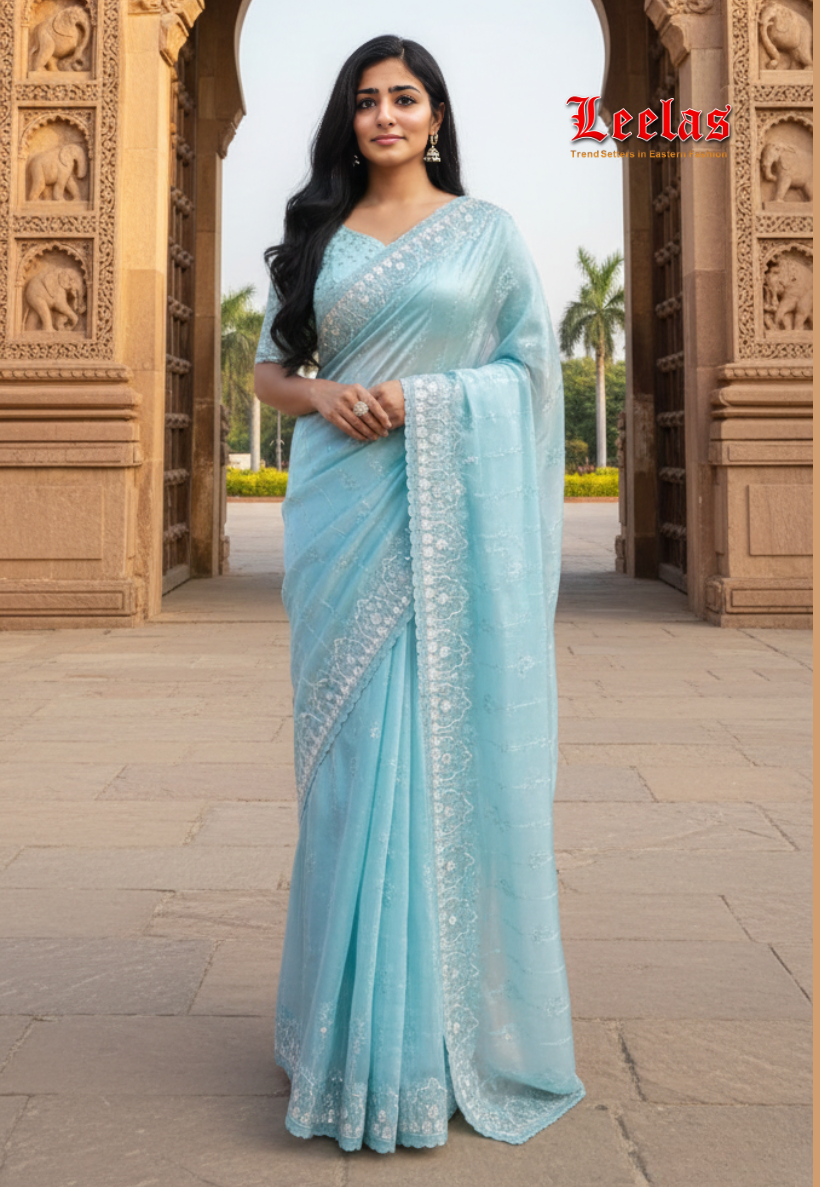 Baby blue soft organza saree with sequins, embroidery and stonework