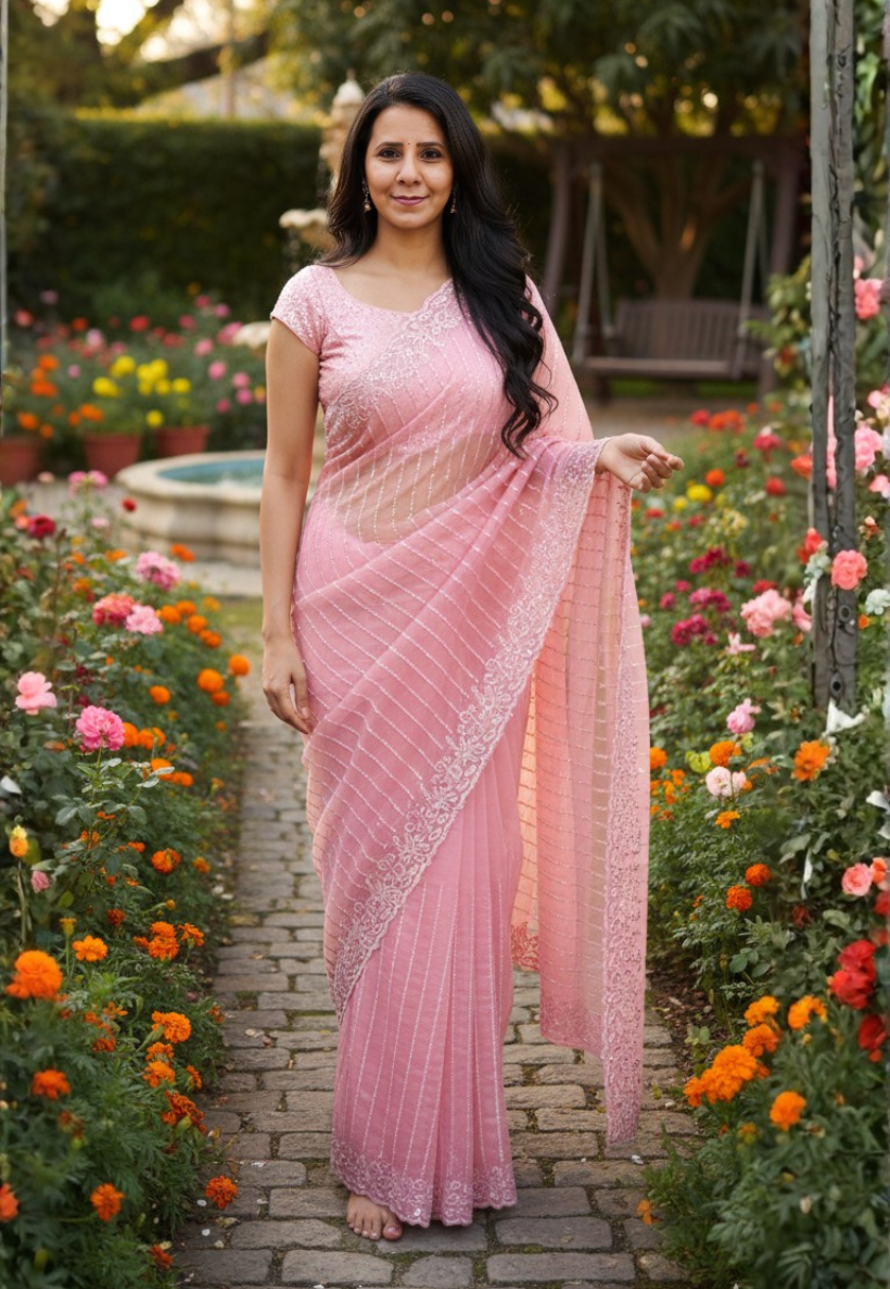 Blush pink organza saree with intricate silver stonework and embroidery