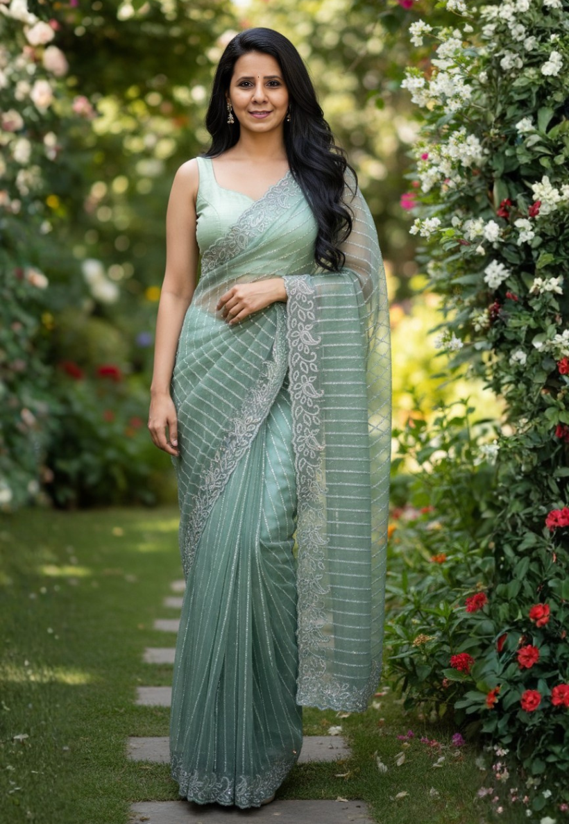 Sage green organza saree with intricate silver stonework and embroidery