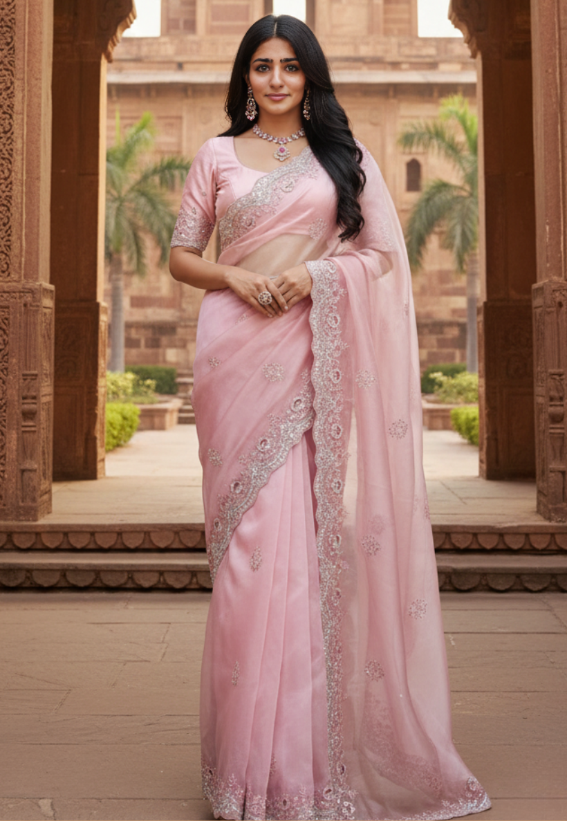 Baby pink organza saree with embroidery, sequins and stonework