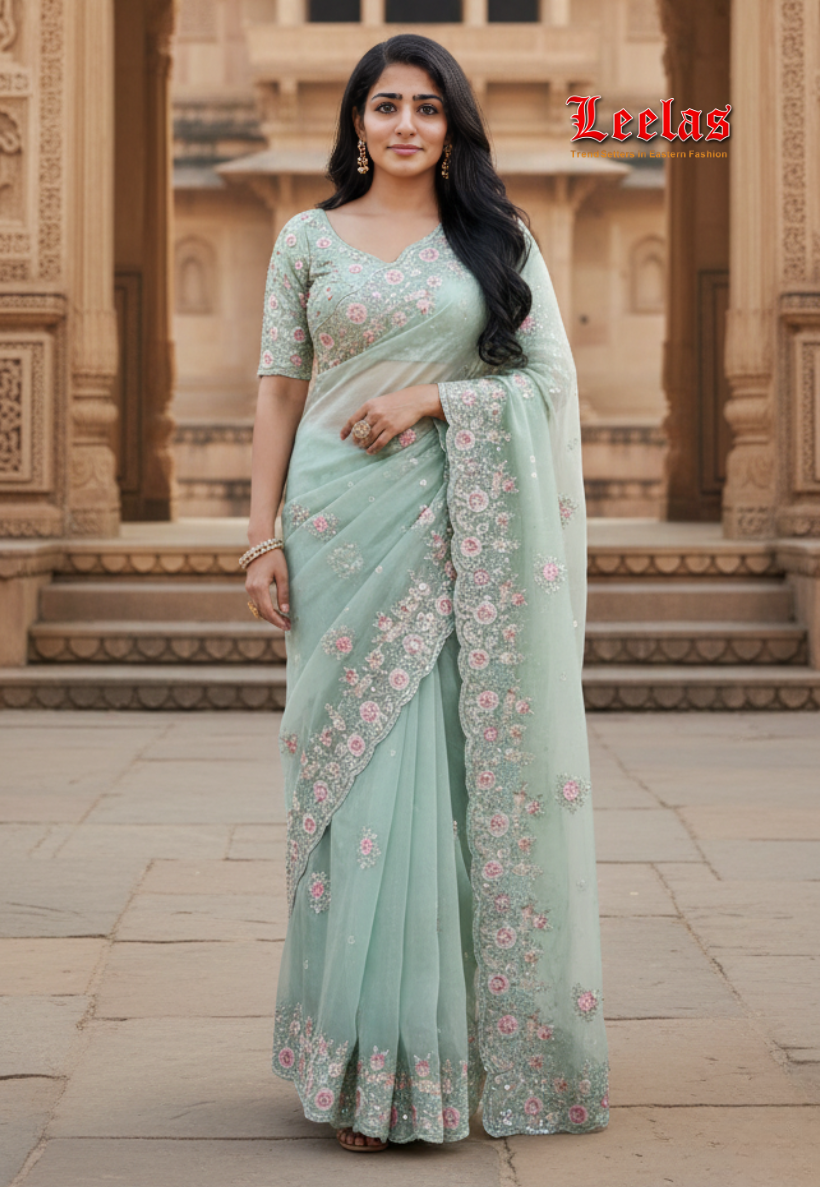 Sea green organza saree with embroidery, sequins and stonework