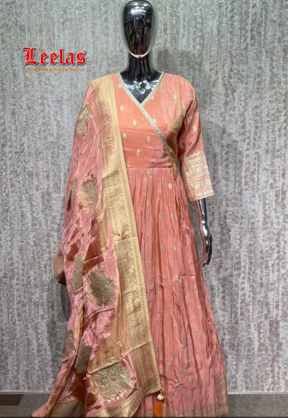 Peach and gold silk dress