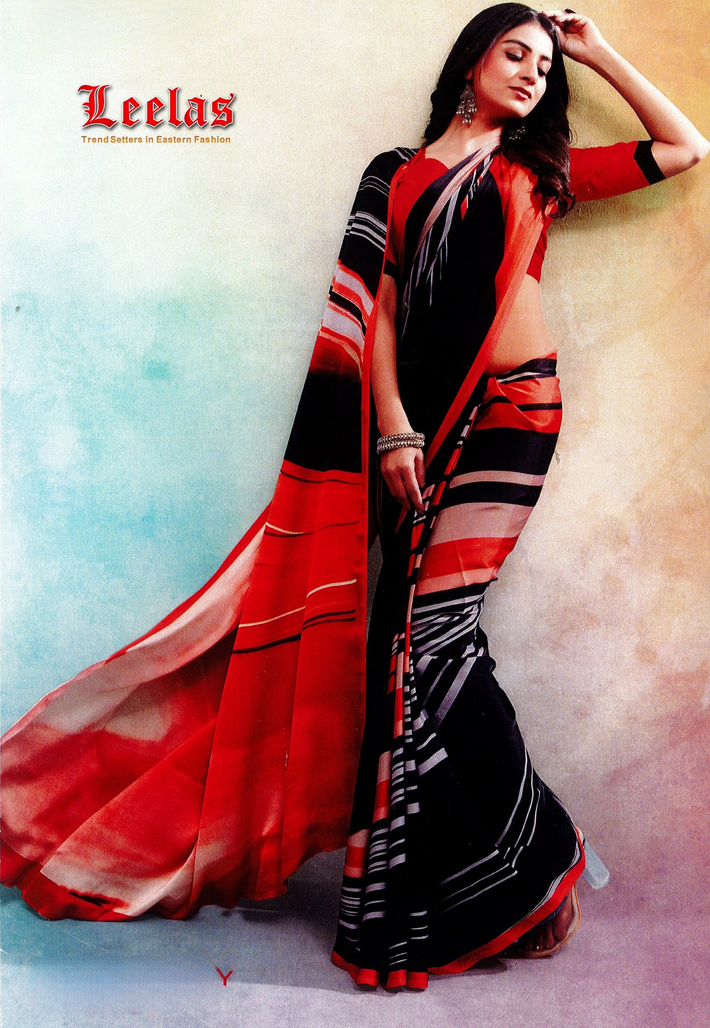 Shamoo silk red, orange and black abstract print saree Houghton Johannesburg