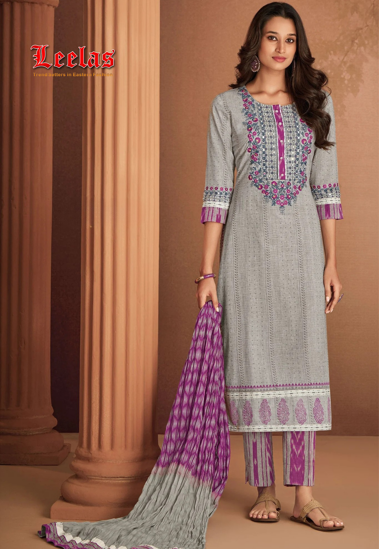 Light grey and purple cotton Shagufta salwar kameez
