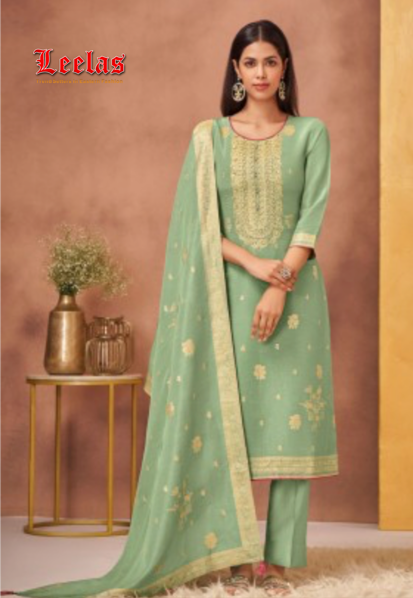 Mint green, maroon and gold silk embossed Shagufta salwar kameez