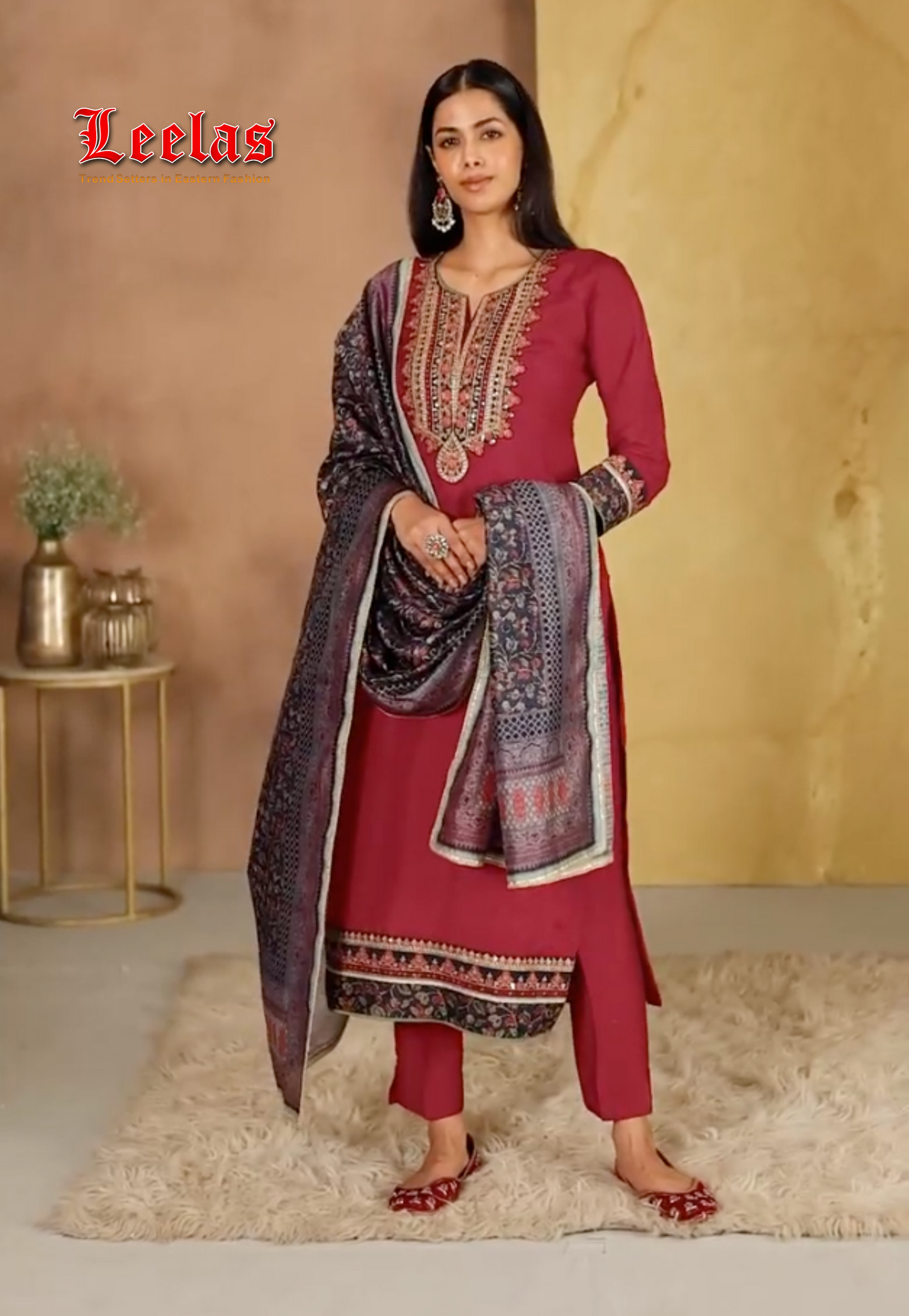 Deep red and navy silk salwar kameez