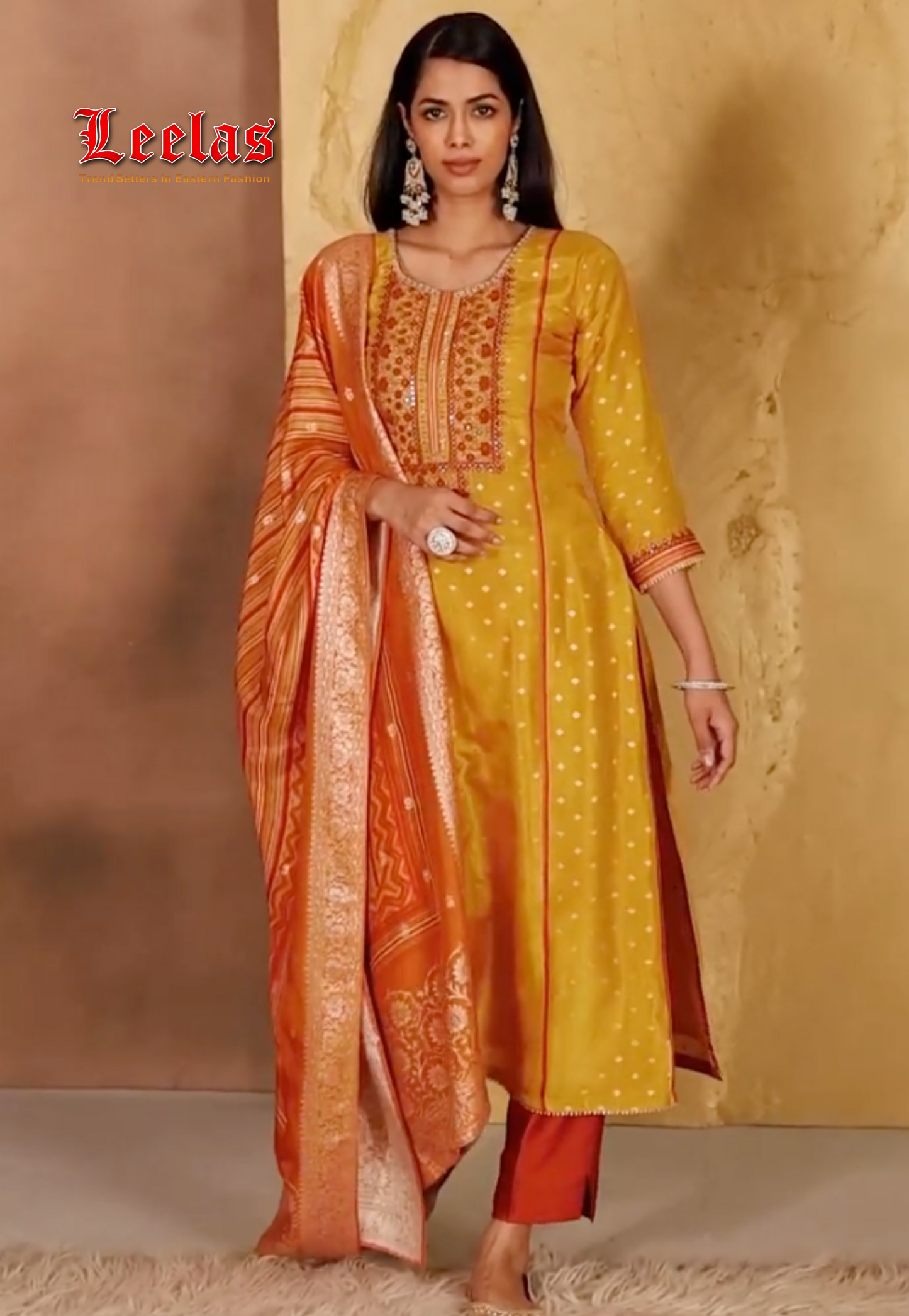 Mustard and rust silk salwar kameez