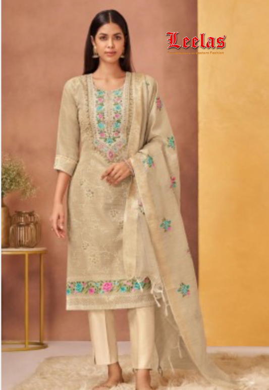 Cream and floral embroidered silk salwar kameez