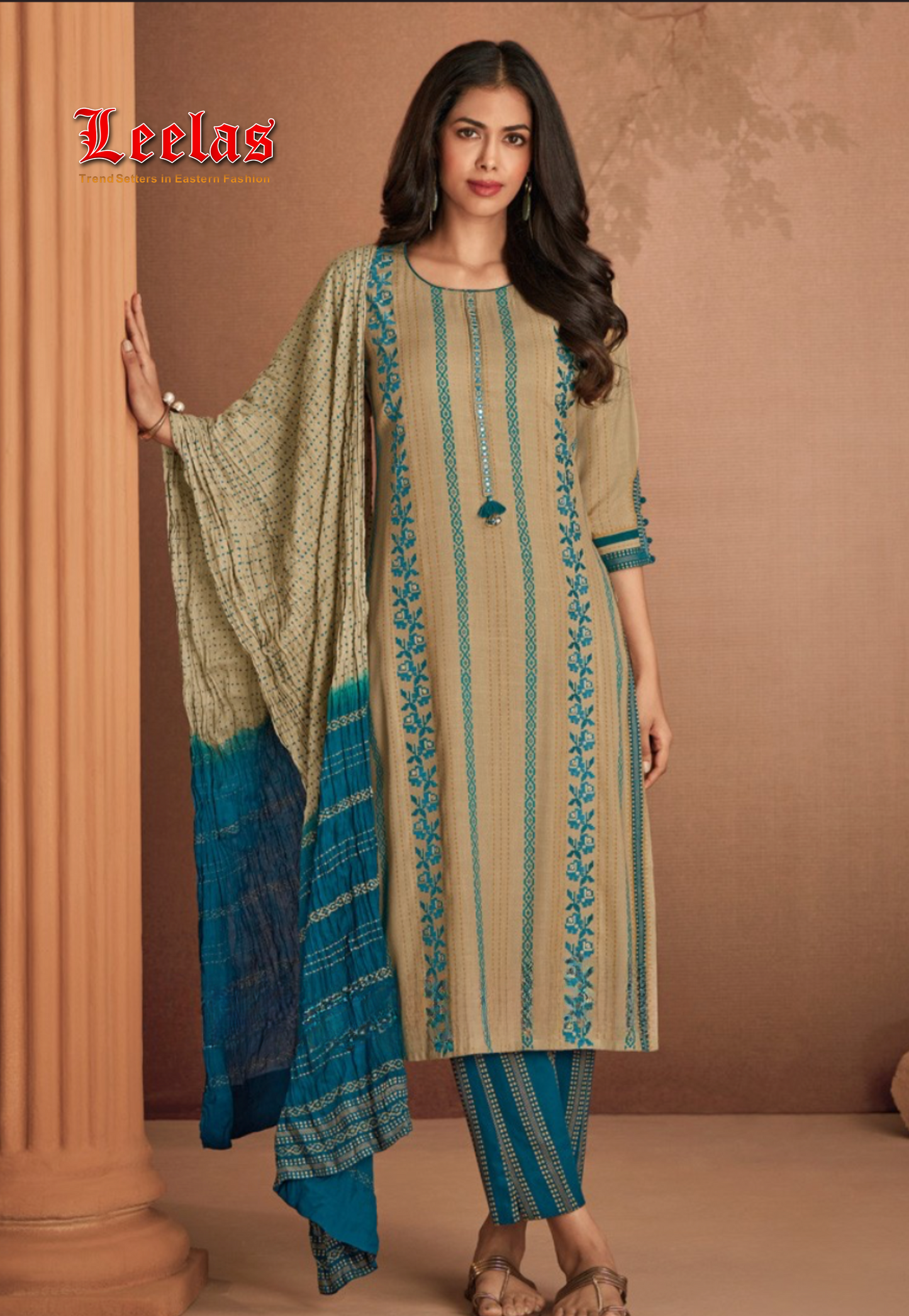 Beige and teal printed cotton salwar kameez