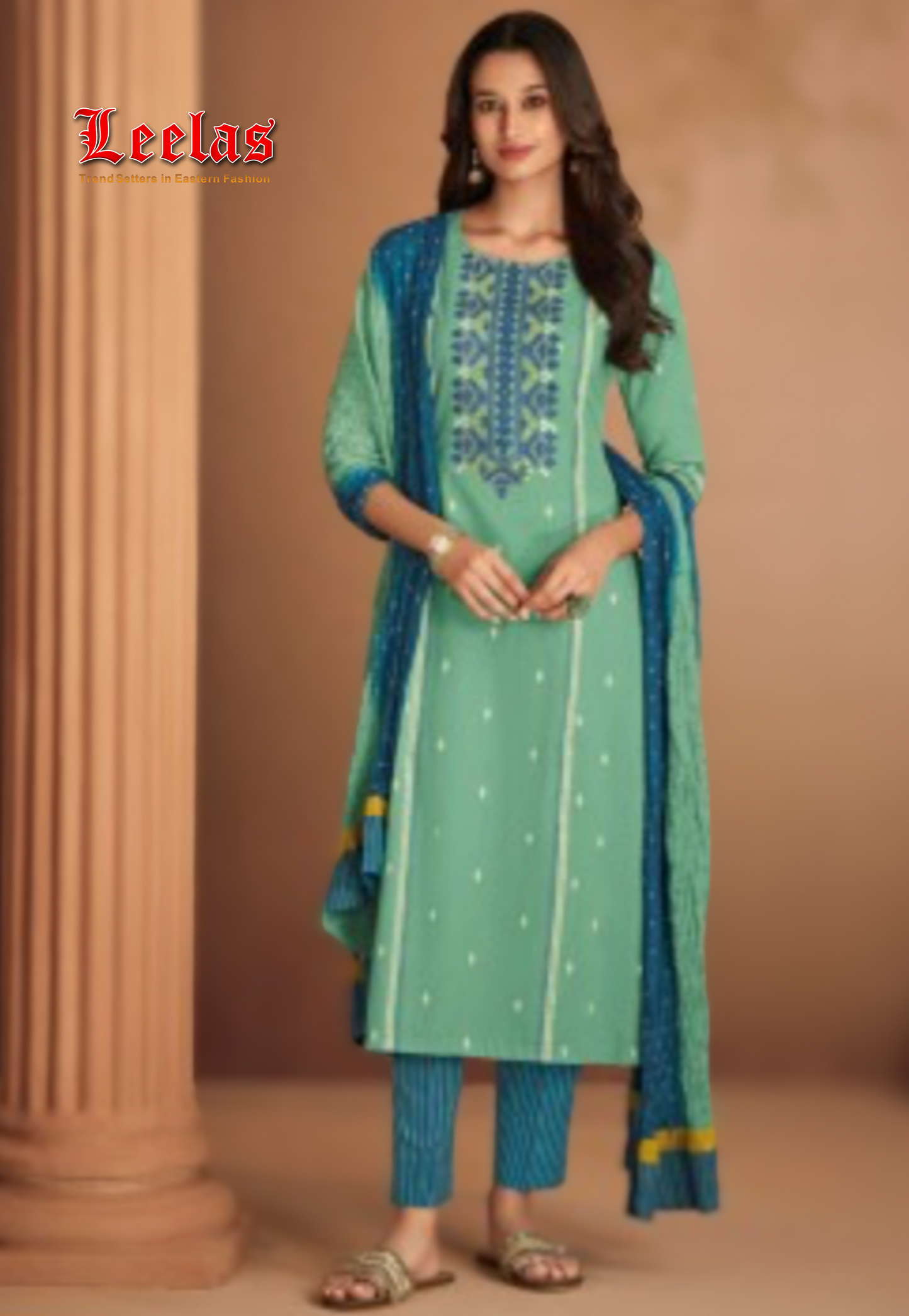 Light mint green and navy cotton salwar kameez