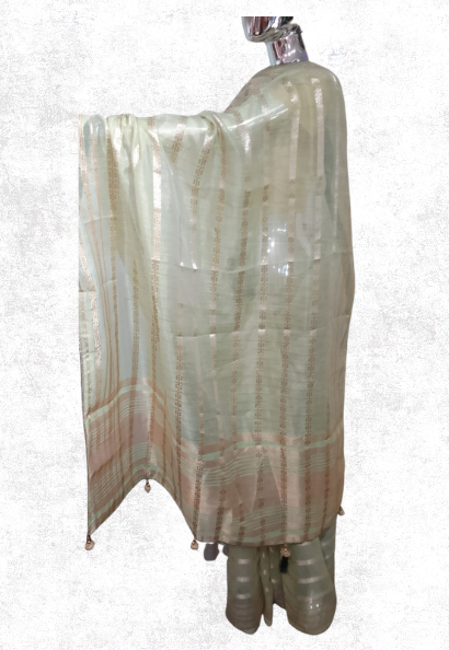 Mint green cotton silk saree with sequins and zari border with bottle green contrasting blouse piece