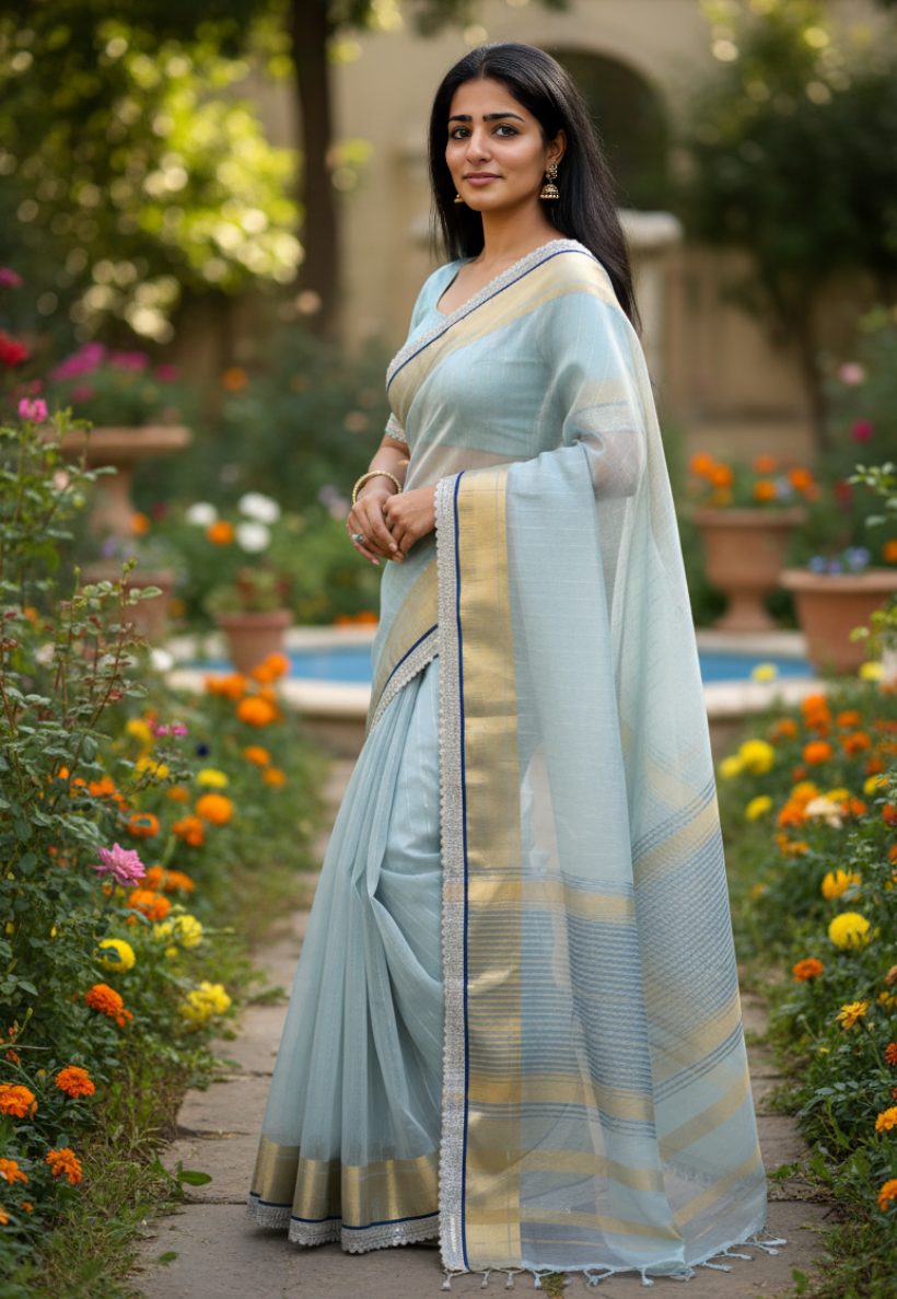 Elegant light blue cotton-silk saree featuring zari detailing and a shimmering sequin border, complete with both matching and contrasting dark blue blouse pieces.