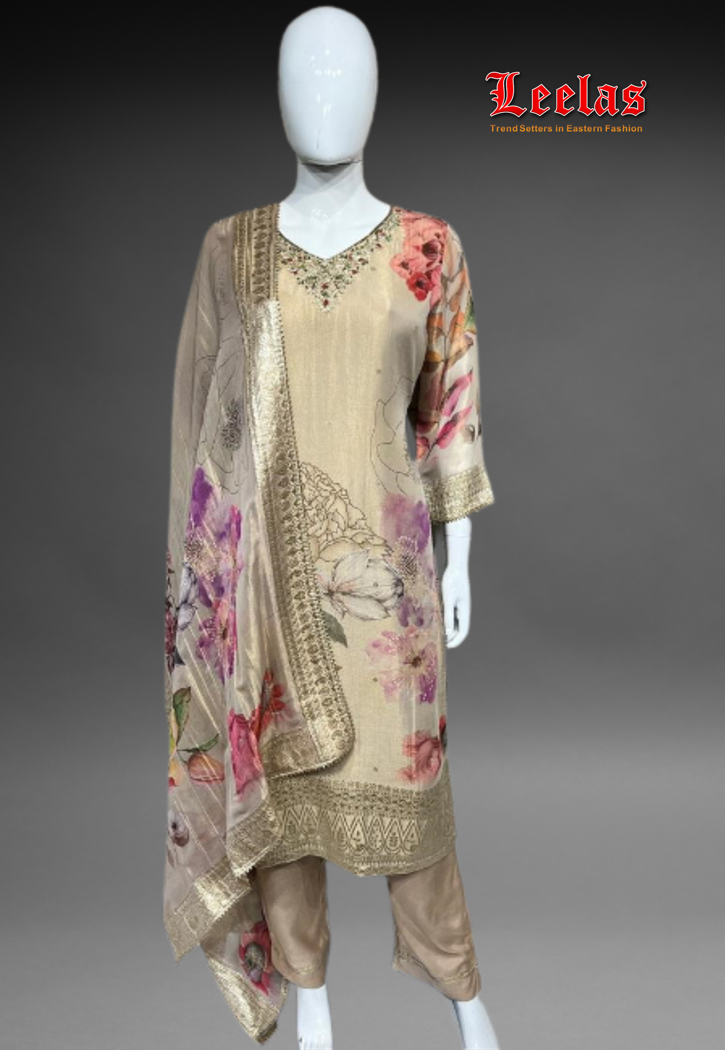 Biscuit floral crepe silk salwar kameez