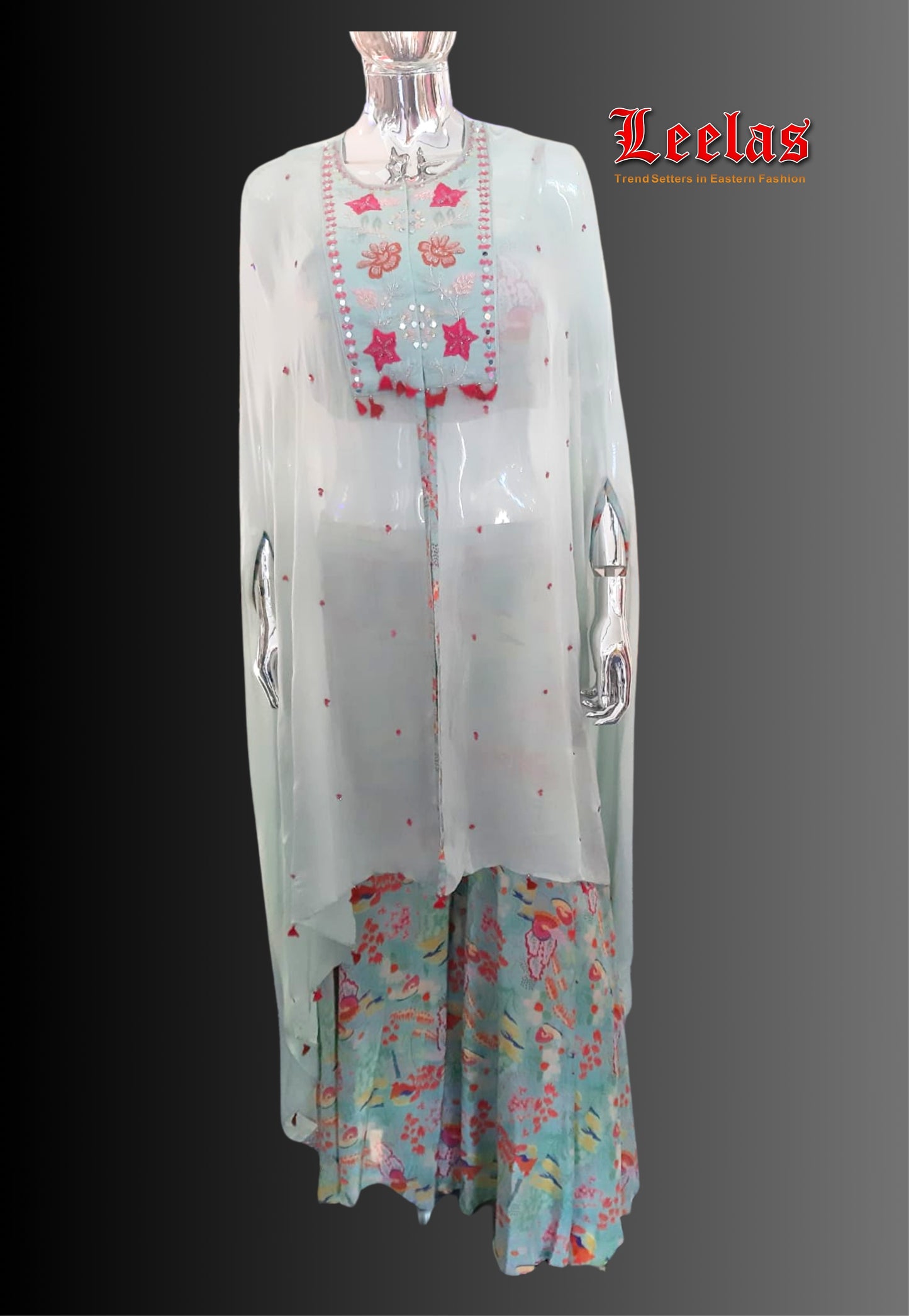 Georgette Indo Western Cape style mint green long top with ready made floral bouse and floral pallazzo pants Houghton Johannesburg