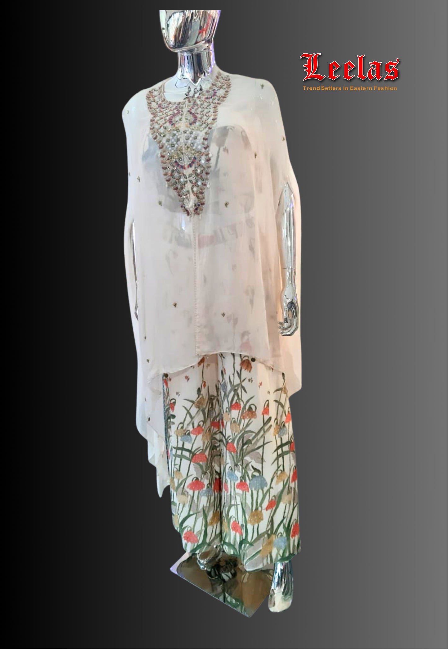 Georgette Indo Western Cape style white long top with ready made floral bouse and floral pallazzo pants Houghton Johannesburg