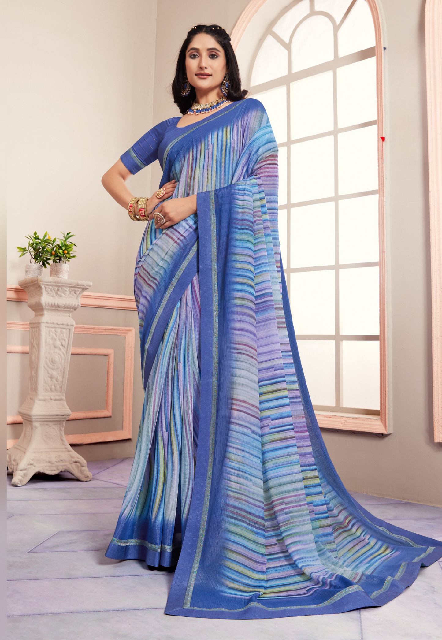 Periwinkle multi-colour digital print georgette saree with self embossed periwinkle border a
