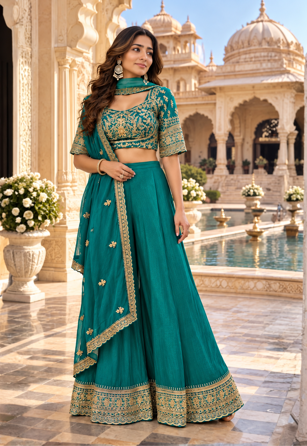 Turquoise green Indo Western outfit with intricate zari and sequins with flare pants