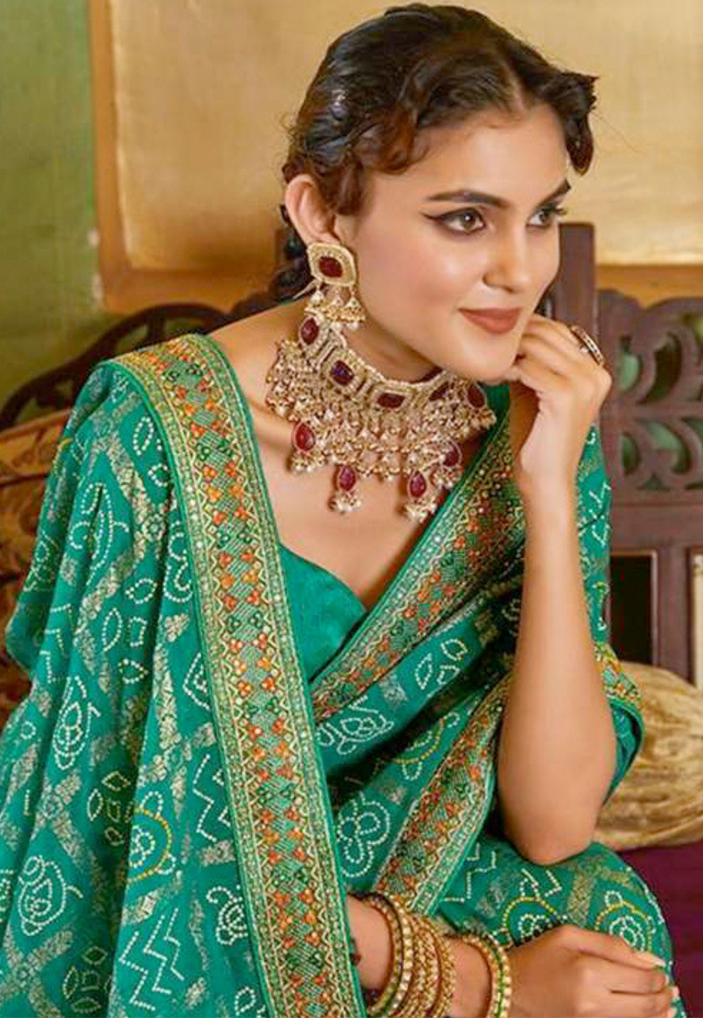 Emerald green gorgette bandhini saree