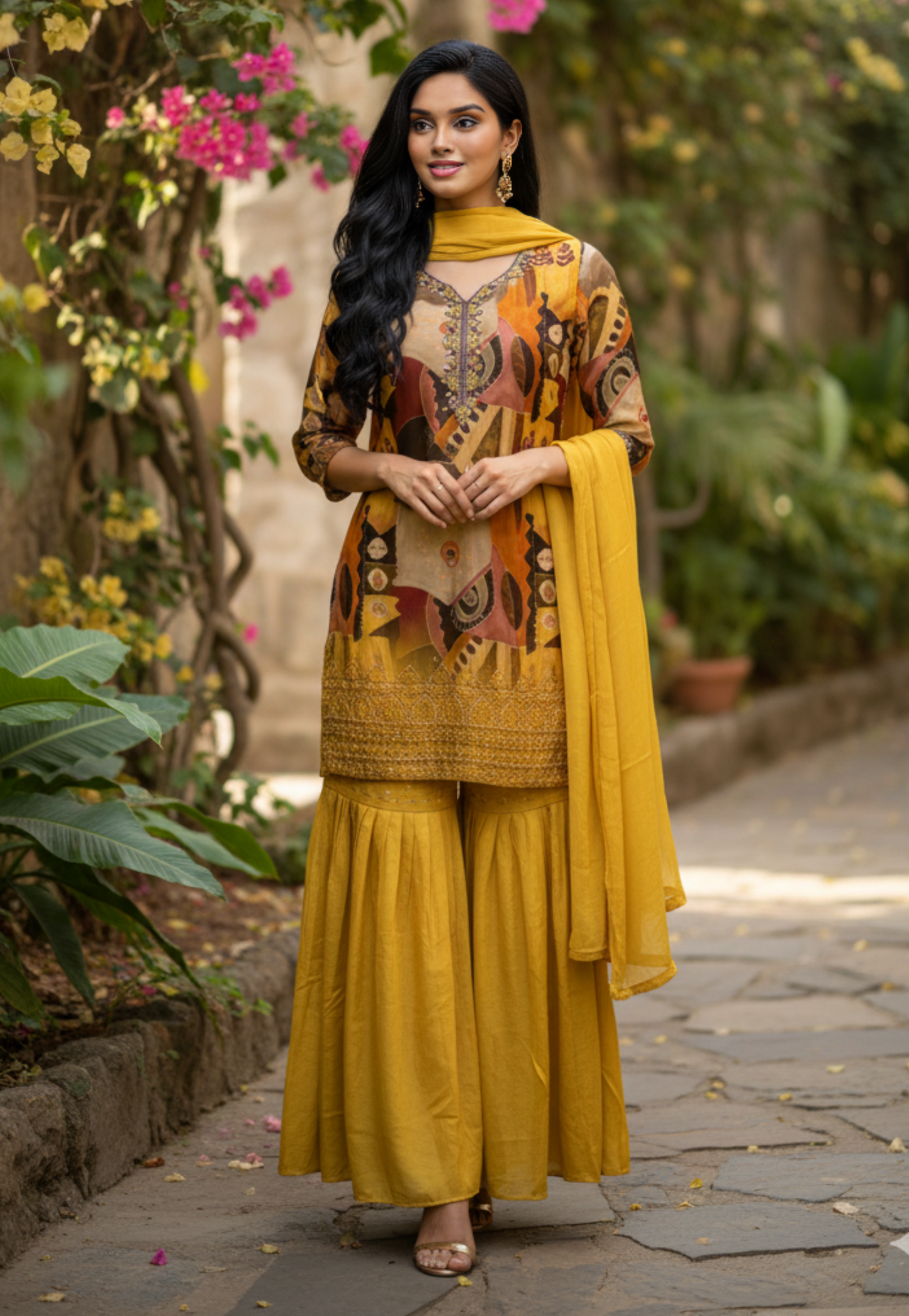 Mustard silk abstract print sharara
