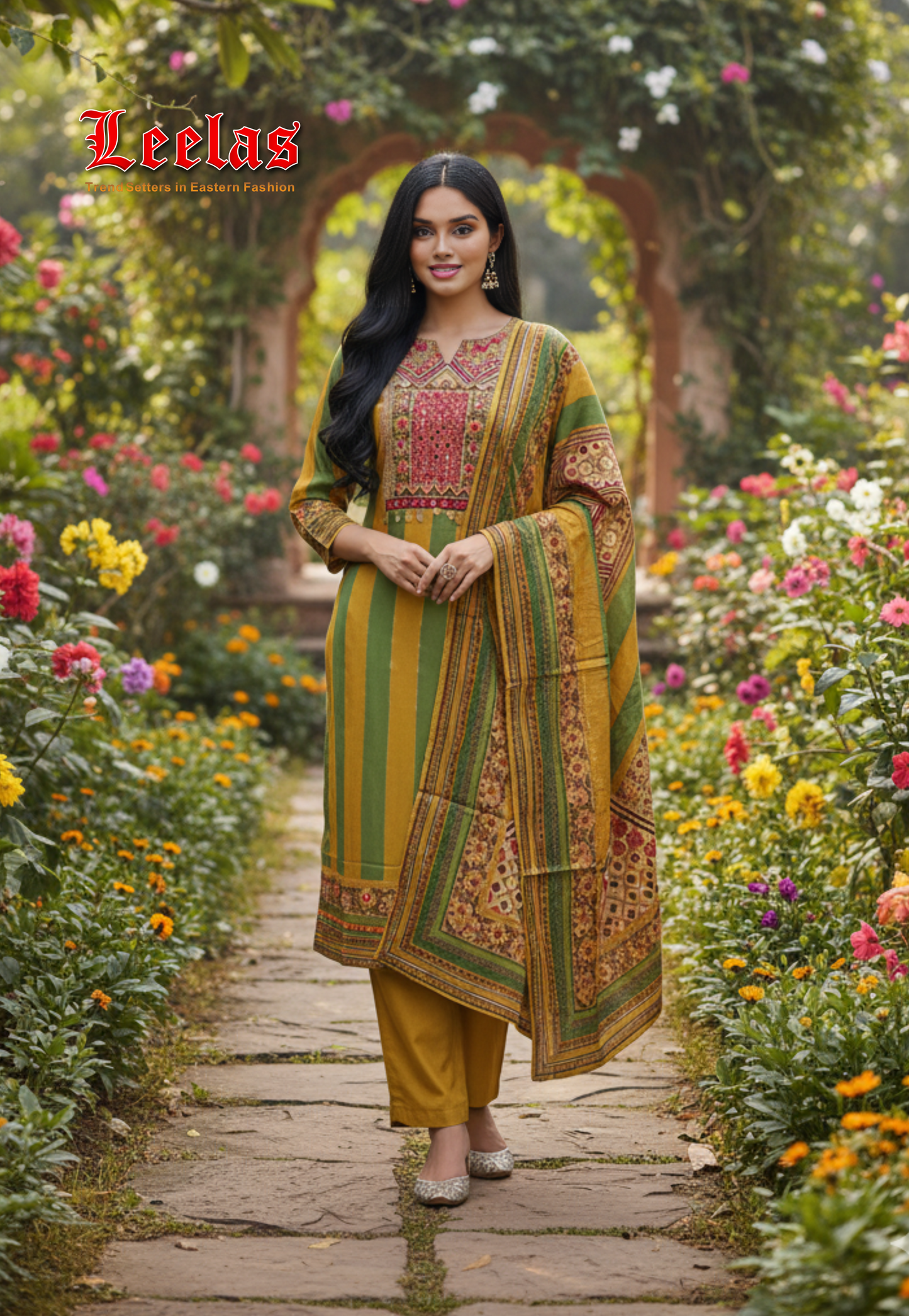 Green and mustard silk printed salwar kameez with embroidery and mirror work on bodice