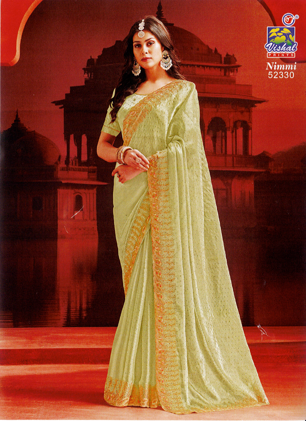 Lime green saree with embroidery border