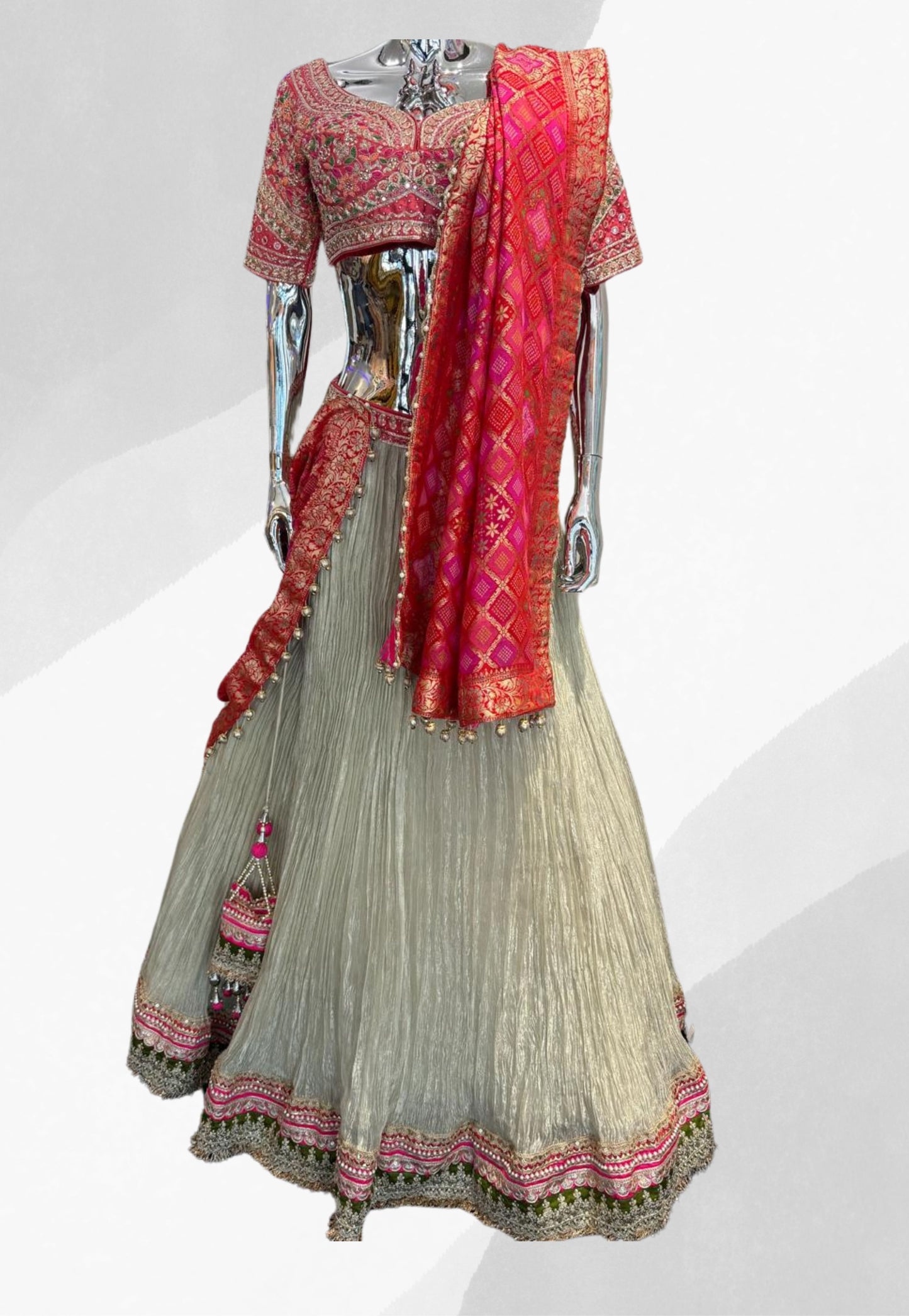 Cerise pink silk bandhini lengha with matching scarf