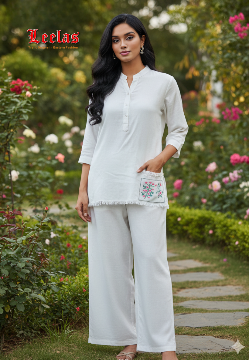 Beige Linen Chinese Collar Top with embroidery detail and matching pants