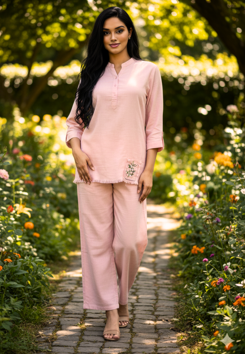 Light pink linen Chinese collar top and pants