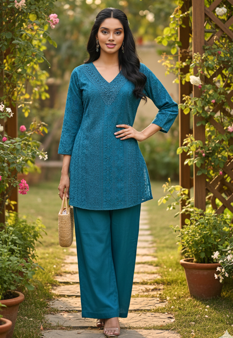 Peacock blue cotton anglaise indo western top matching peacock blue pants