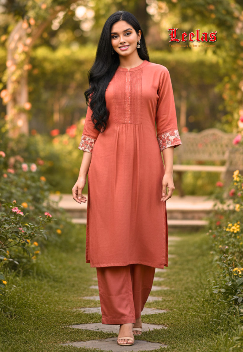 Rust cotton silk kurti set with floral detail on cuff