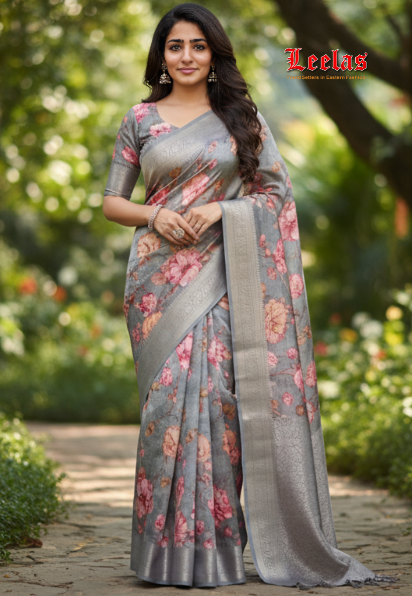 Dark grey art silk saree with floral print